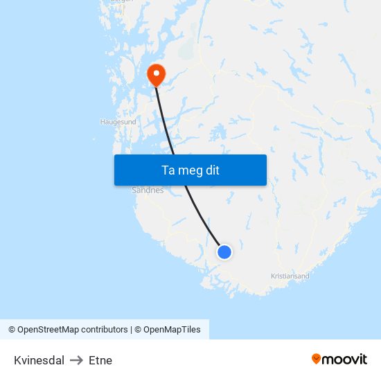 Kvinesdal to Etne map