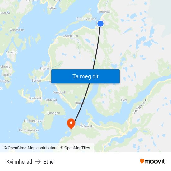 Kvinnherad to Etne map