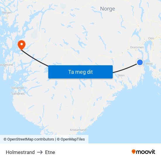 Holmestrand to Etne map