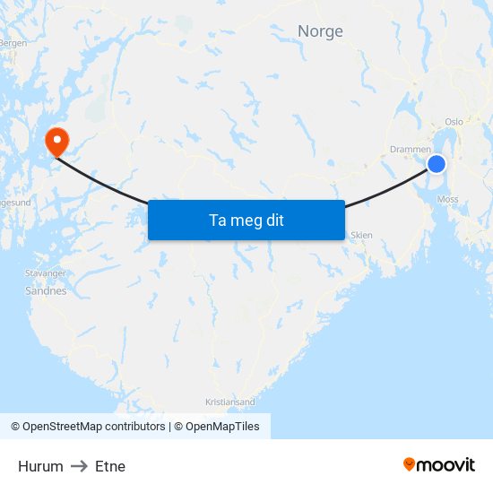 Hurum to Etne map