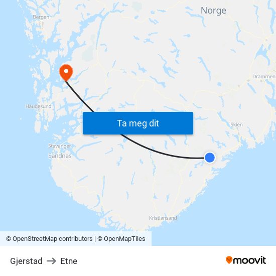 Gjerstad to Etne map