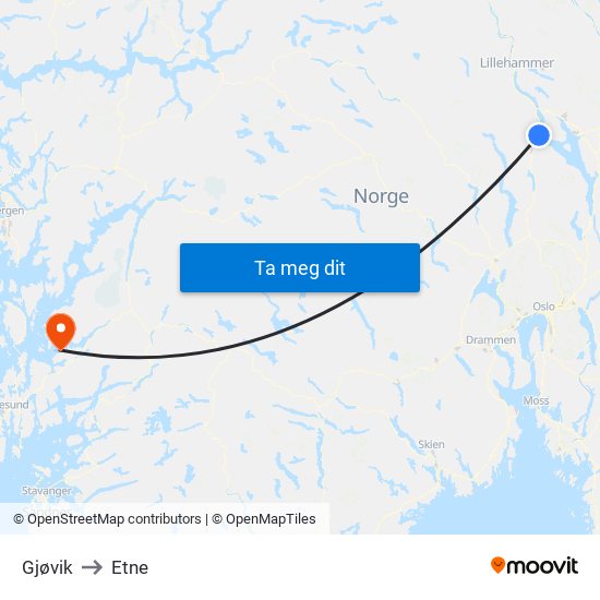 Gjøvik to Etne map