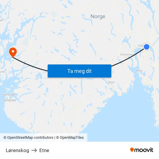 Lørenskog to Etne map