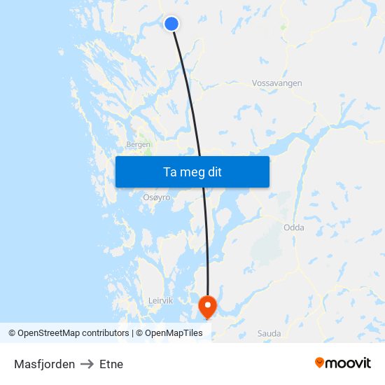 Masfjorden to Etne map