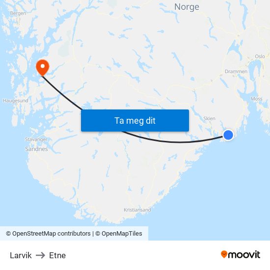 Larvik to Etne map