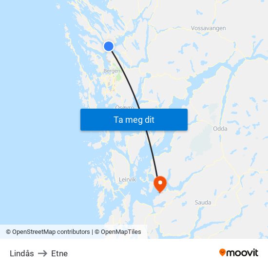 Lindås to Etne map