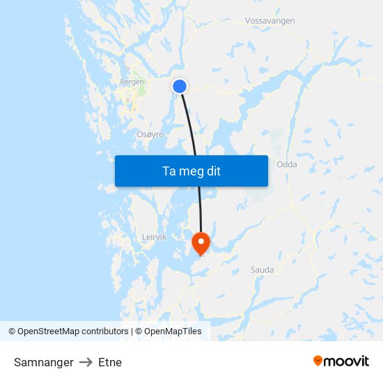 Samnanger to Etne map