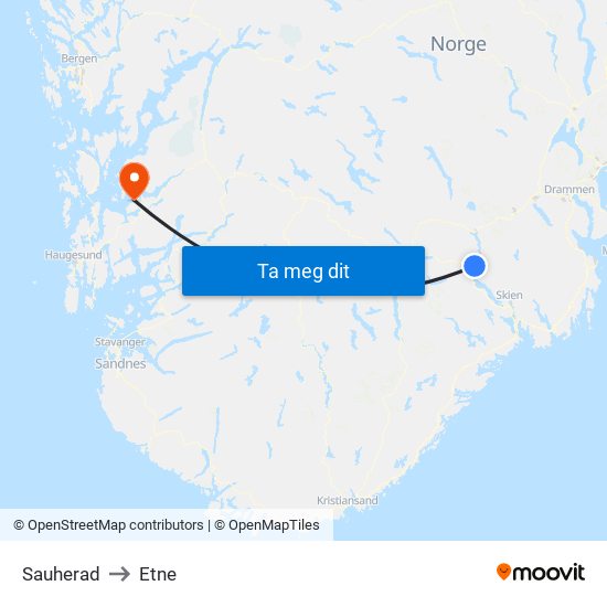 Sauherad to Etne map