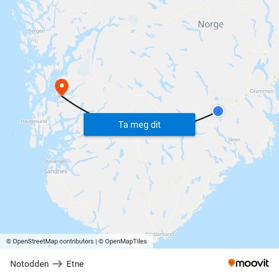 Notodden to Etne map