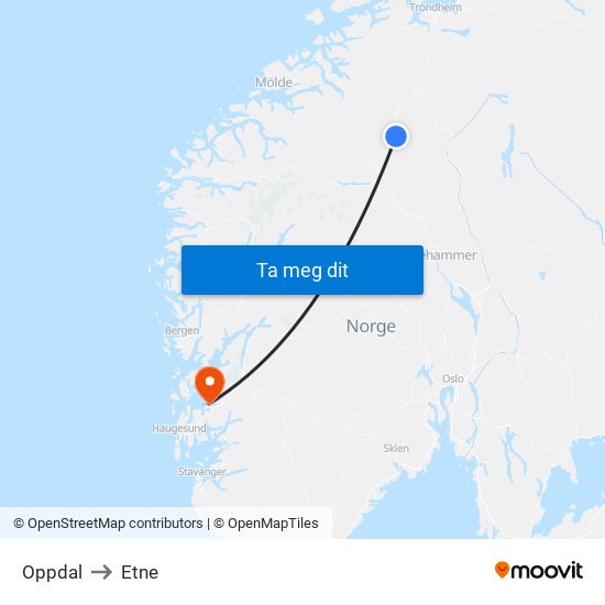 Oppdal to Etne map