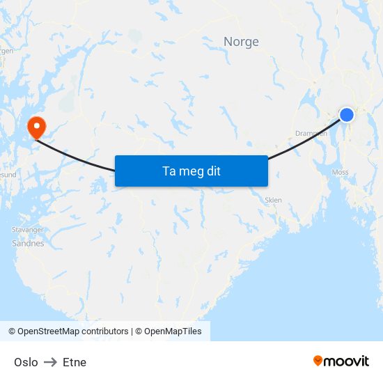 Oslo to Etne map