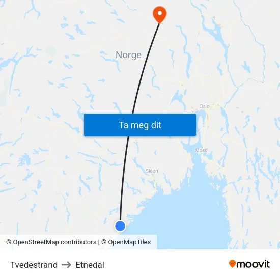 Tvedestrand to Etnedal map