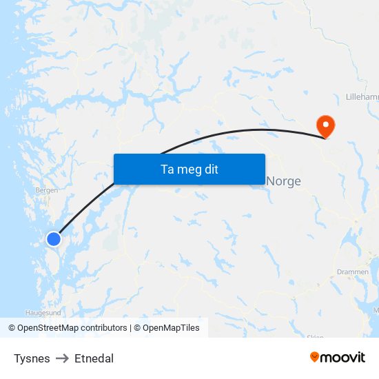 Tysnes to Etnedal map