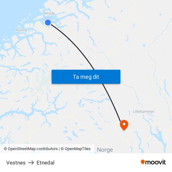 Vestnes to Etnedal map