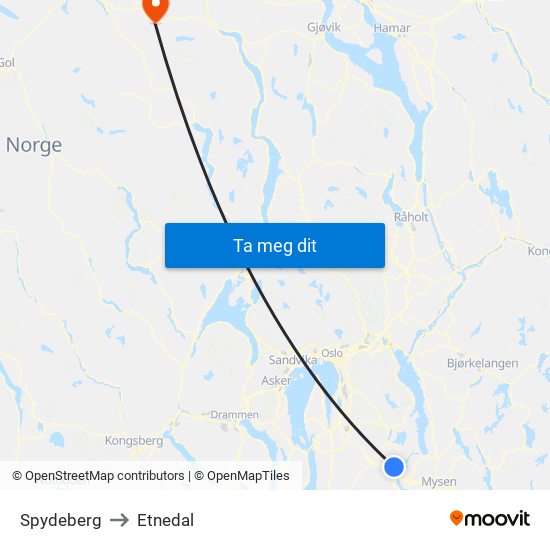 Spydeberg to Etnedal map