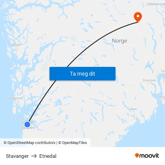 Stavanger to Etnedal map