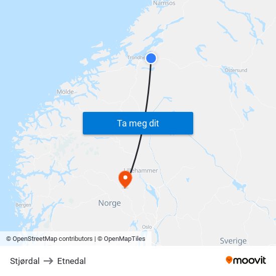 Stjørdal to Etnedal map
