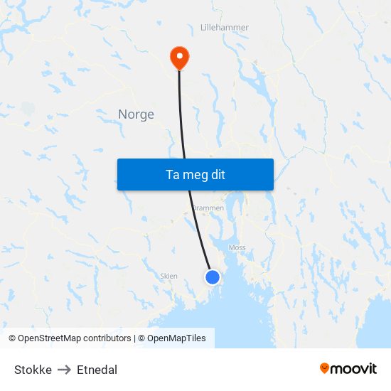 Stokke to Etnedal map