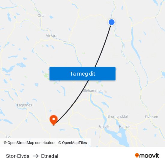 Stor-Elvdal to Etnedal map