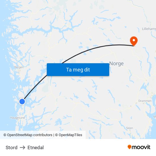 Stord to Etnedal map