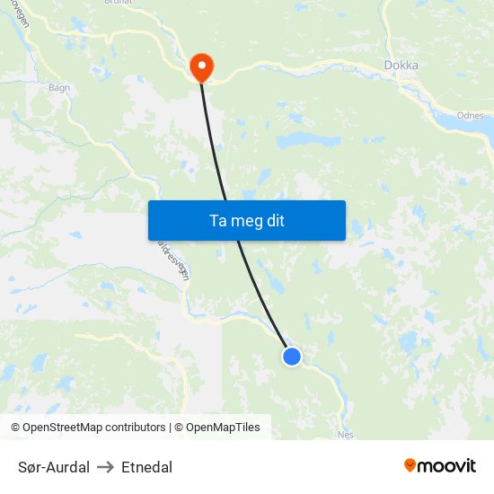 Sør-Aurdal to Etnedal map
