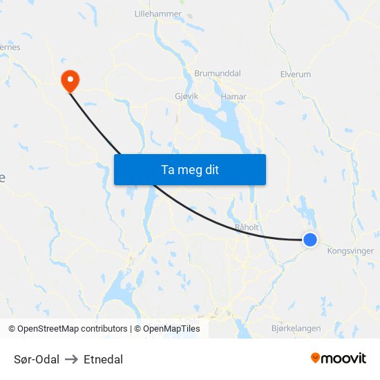 Sør-Odal to Etnedal map