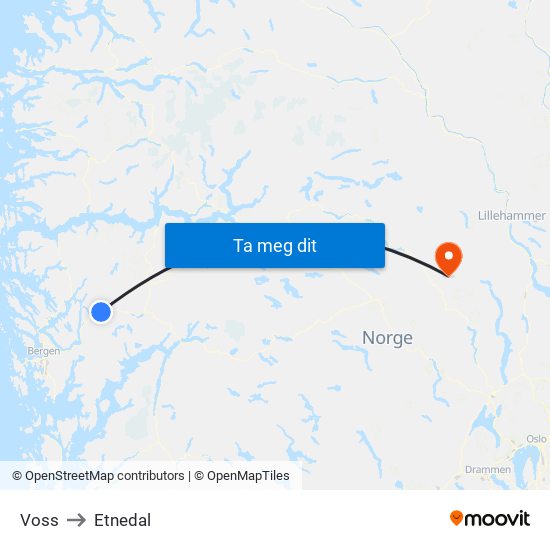Voss to Etnedal map