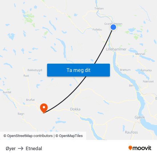 Øyer to Etnedal map