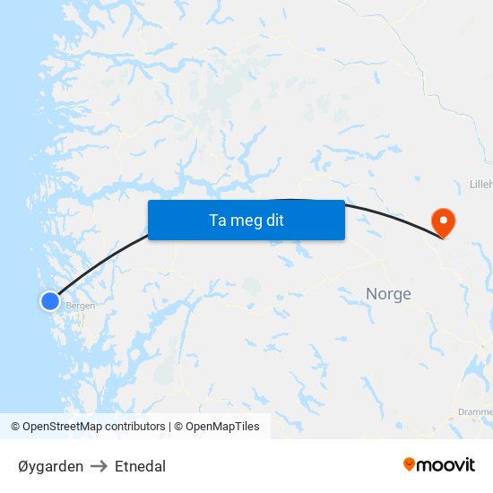 Øygarden to Etnedal map