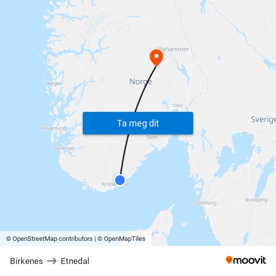 Birkenes to Etnedal map