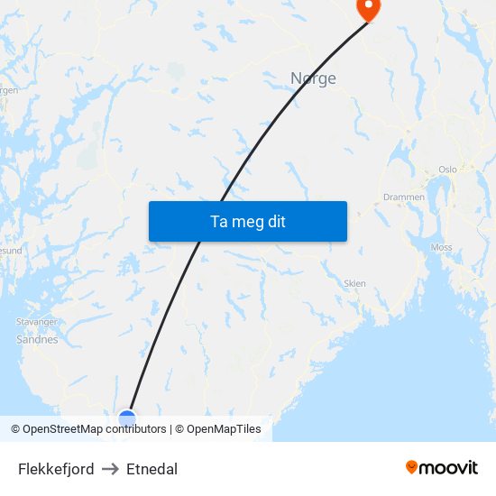 Flekkefjord to Etnedal map