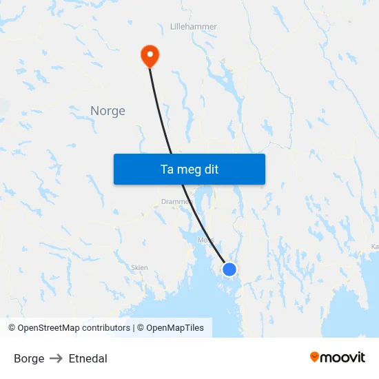 Borge to Etnedal map