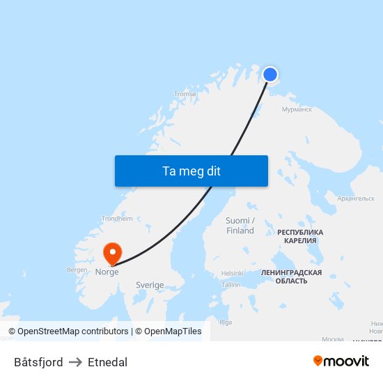 Båtsfjord to Etnedal map