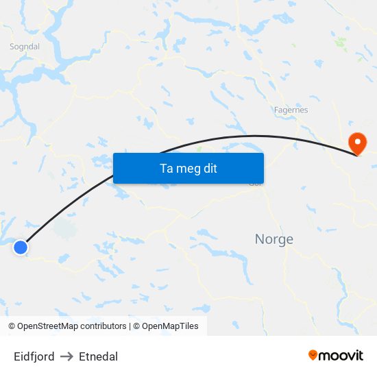 Eidfjord to Etnedal map