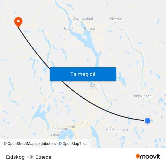 Eidskog to Etnedal map