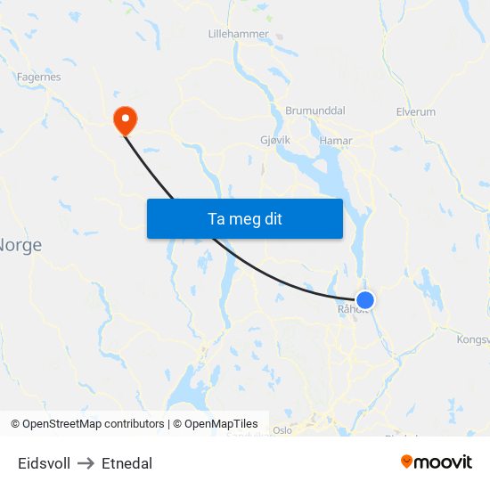 Eidsvoll to Etnedal map