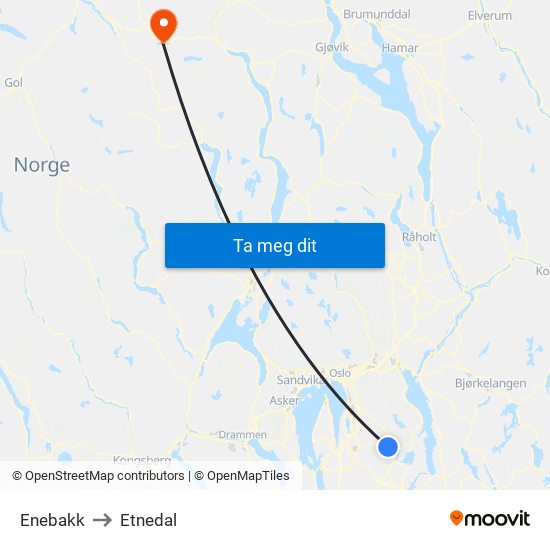 Enebakk to Etnedal map