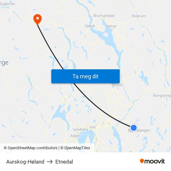 Aurskog-Høland to Etnedal map