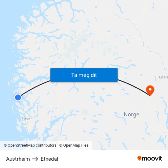 Austrheim to Etnedal map