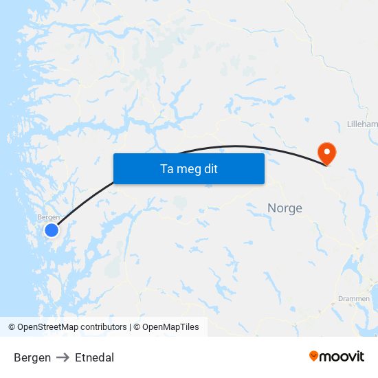 Bergen to Etnedal map