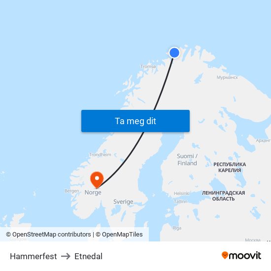 Hammerfest to Etnedal map
