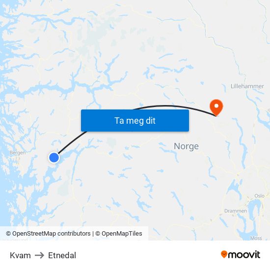 Kvam to Etnedal map