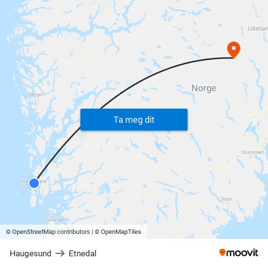 Haugesund to Etnedal map