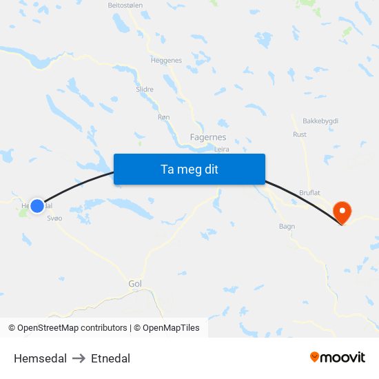 Hemsedal to Etnedal map