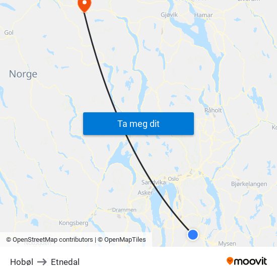 Hobøl to Etnedal map