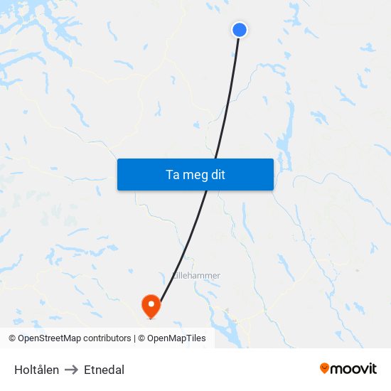 Holtålen to Etnedal map