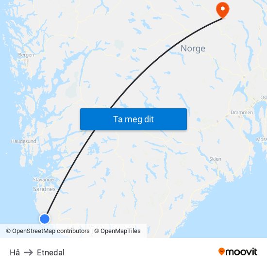 Hå to Etnedal map