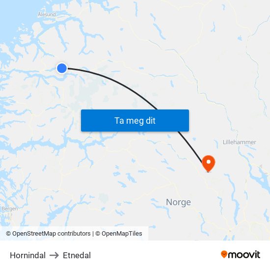 Hornindal to Etnedal map