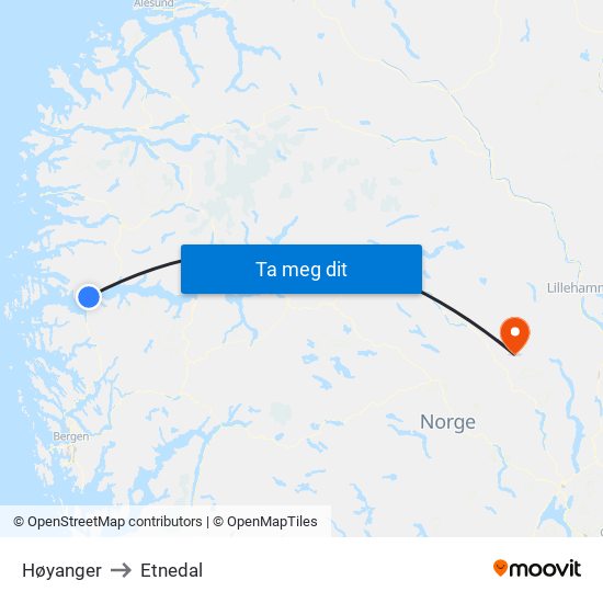 Høyanger to Etnedal map