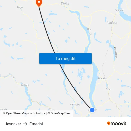 Jevnaker to Etnedal map